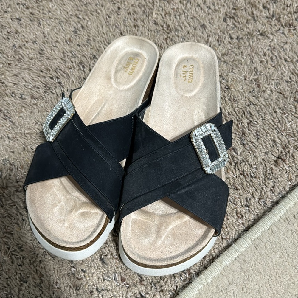 Black crown & ivy slip on sandles with bling detail - Picture 4 of 14
